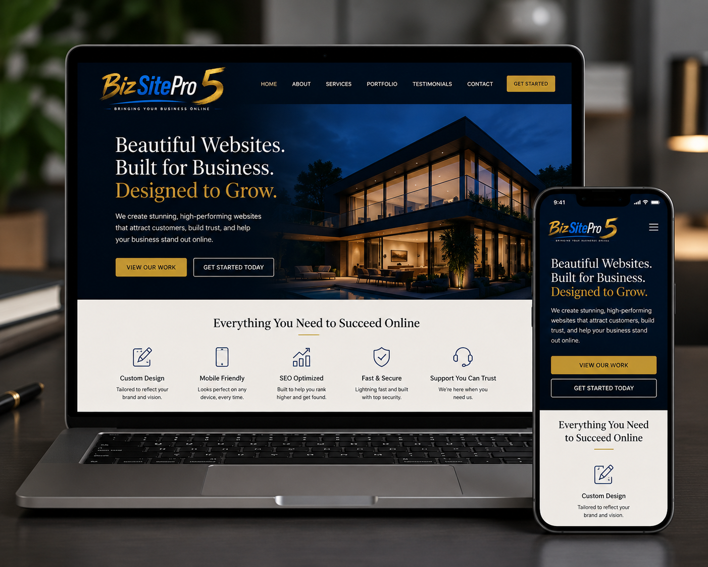Biz Site Pro 5 website shown on laptop and phone