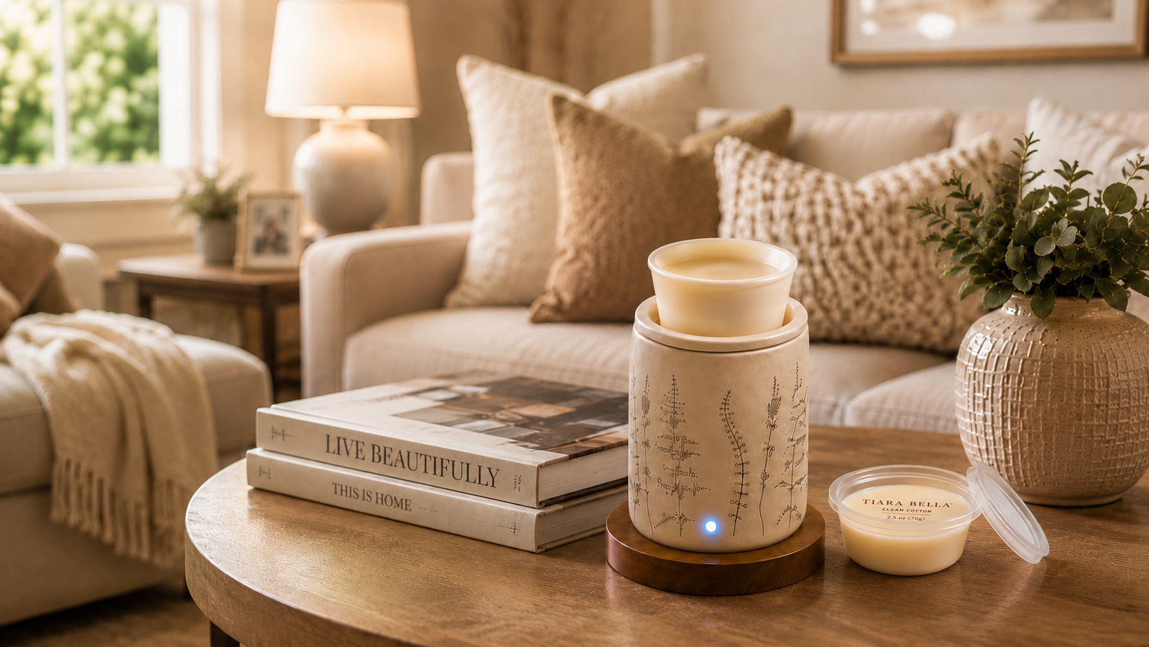 Open house fragrance setup with Tiara Bella electric warmer and Wikkle
